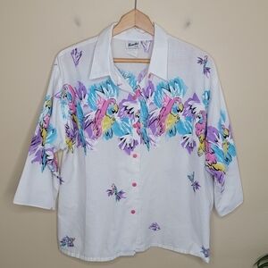 Vintage Touche L.A. | Colorful Parrot Elbow Sleeve Button Front Shirt